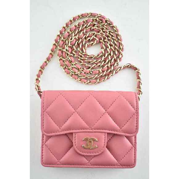 Chanel 21A Mini Wallet On Chain Pink Lambskin Gold Card Shoulder Crossbody Bag - Picture 1 of 8